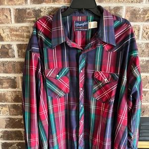 Vintage 90s Wrangler Plaid Shirt Mens XL Red Green Western Cowboy Snap USA Made